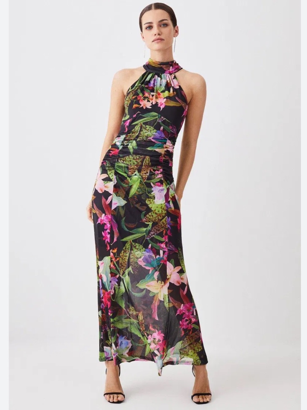 Karen Millen Black Floral Halter Maxi Dress with Pink & Green Accents